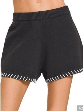 Zenana Womens Black Knit Shorts with Contrast Stitching